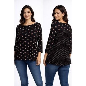 J jill Womens Sz Med Tee Black Paisley Modal Cotton Crew Neck Ls career light